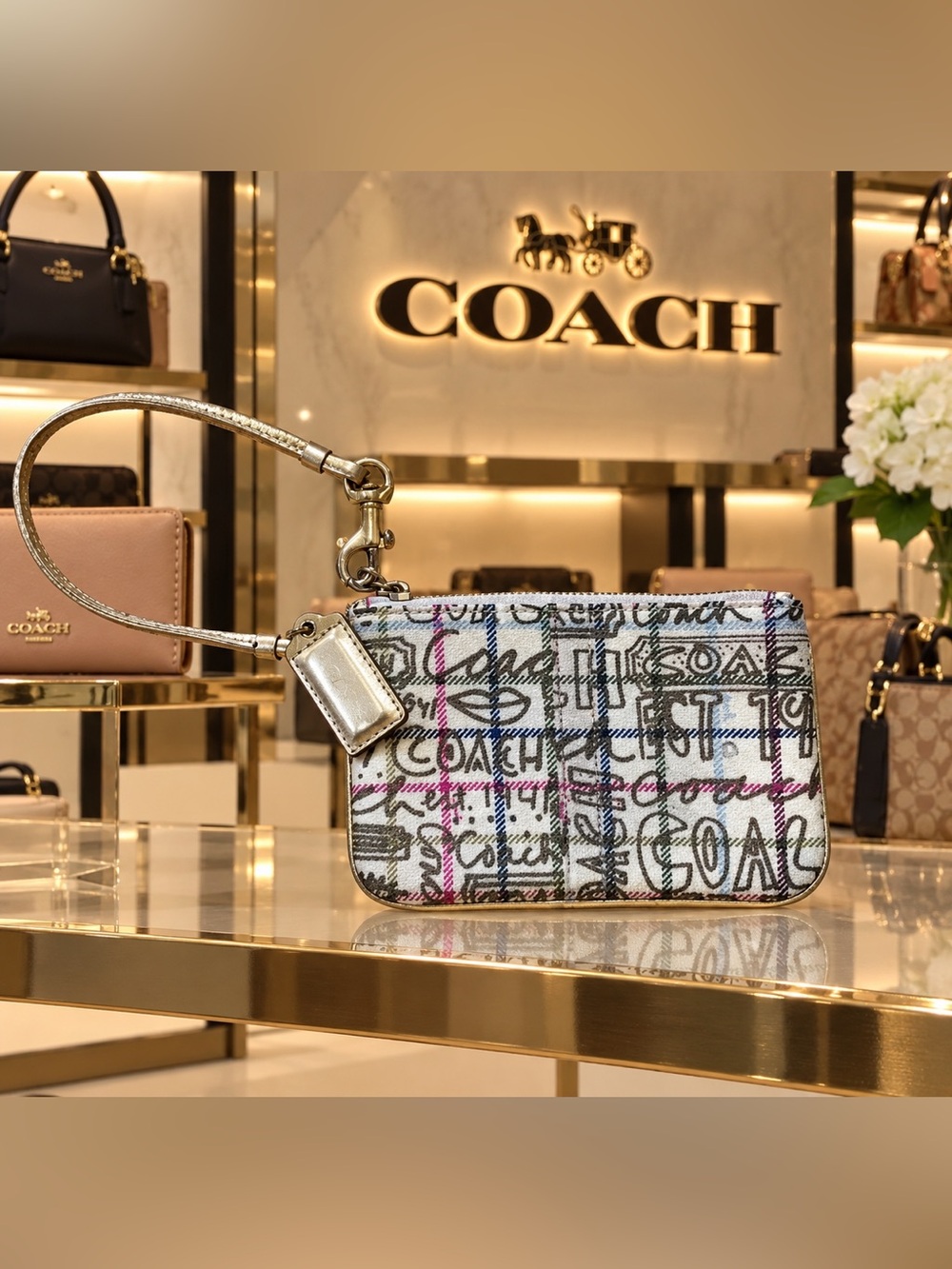 Coach White Multicolor Signature Card Pouch with Metallic Strap